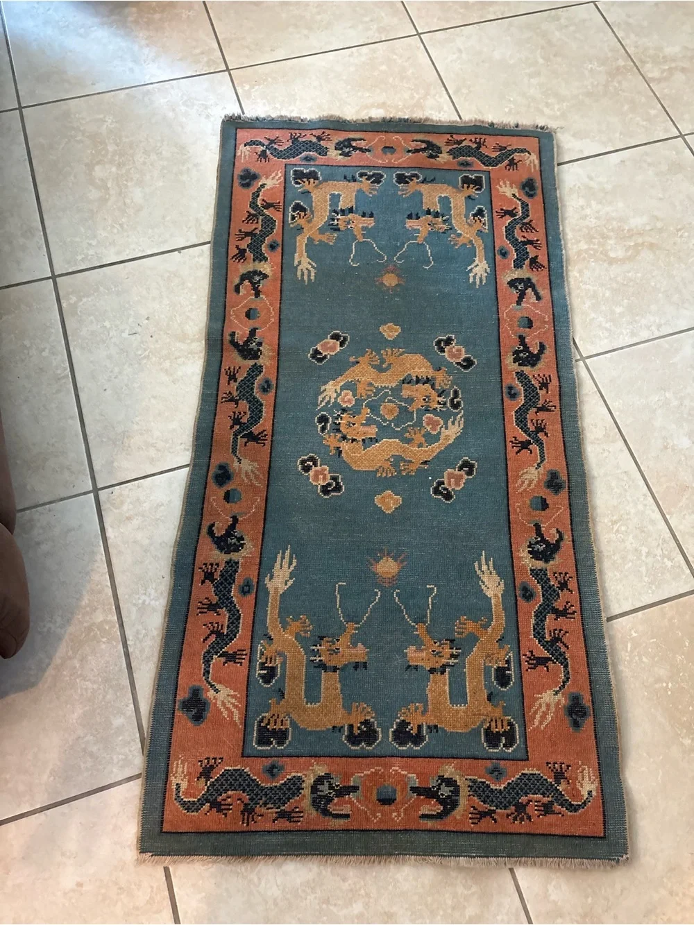 Vintage Chinese-Style Dragon & Crane Runner Rug – Unique Decorative Piece